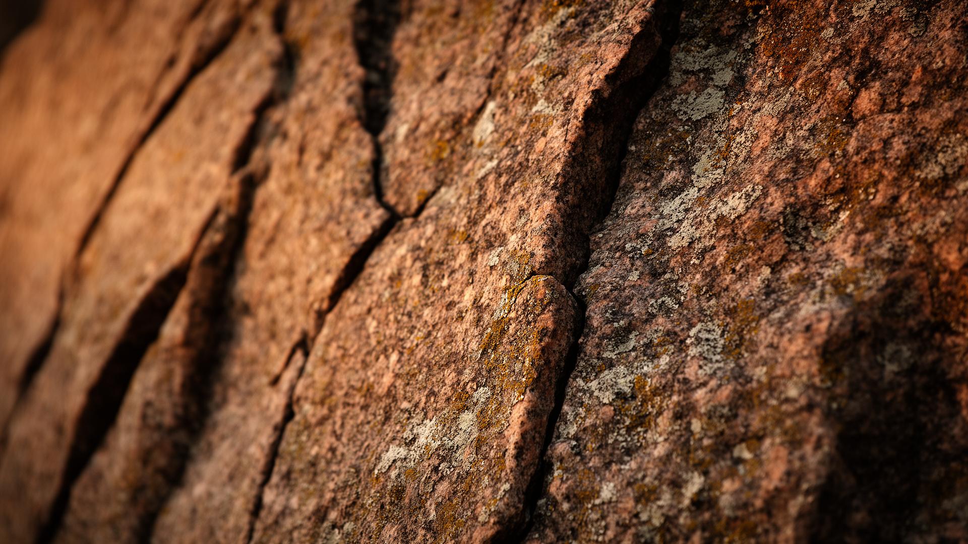 Detail einer warmen Granit-Felswand mit Rissen, Lichen und Strukturen im Seitenlicht