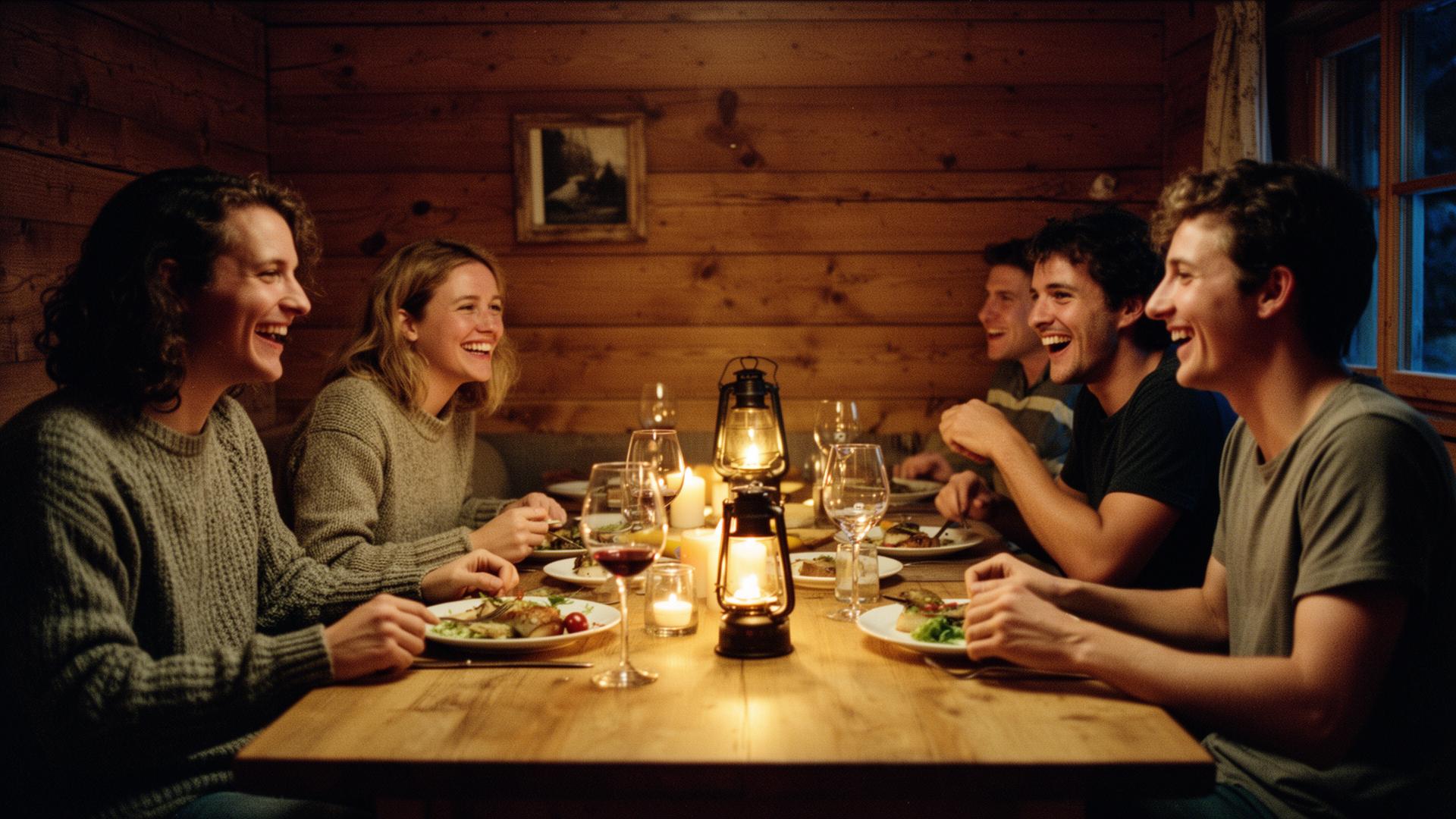 Gemischte Gruppe an einem Holztisch in einer Berghütte am Abend, warmes Laternenlicht, Kletterausrüstung
