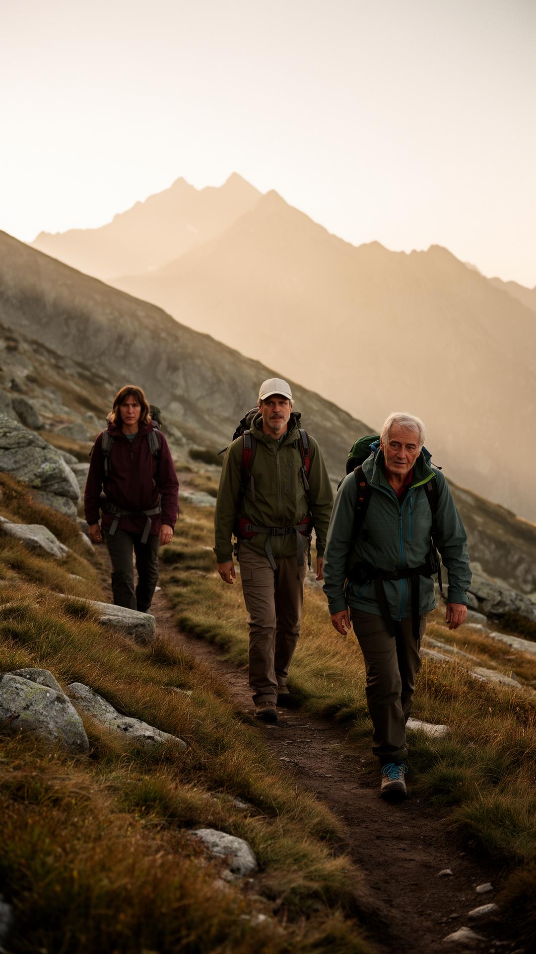 Drei Wandernde unterschiedlichen Alters auf einem Alpenpfad im warmen Morgenlicht