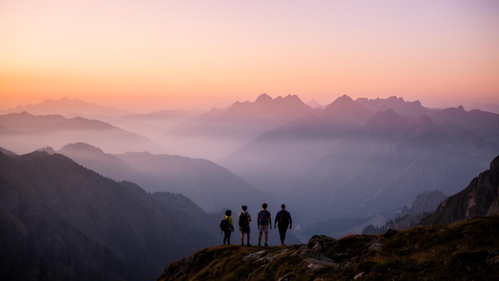 Vier Wandernde stehen bei Sonnenaufgang auf einem Bergrücken und blicken über eine neblige Alpenkette