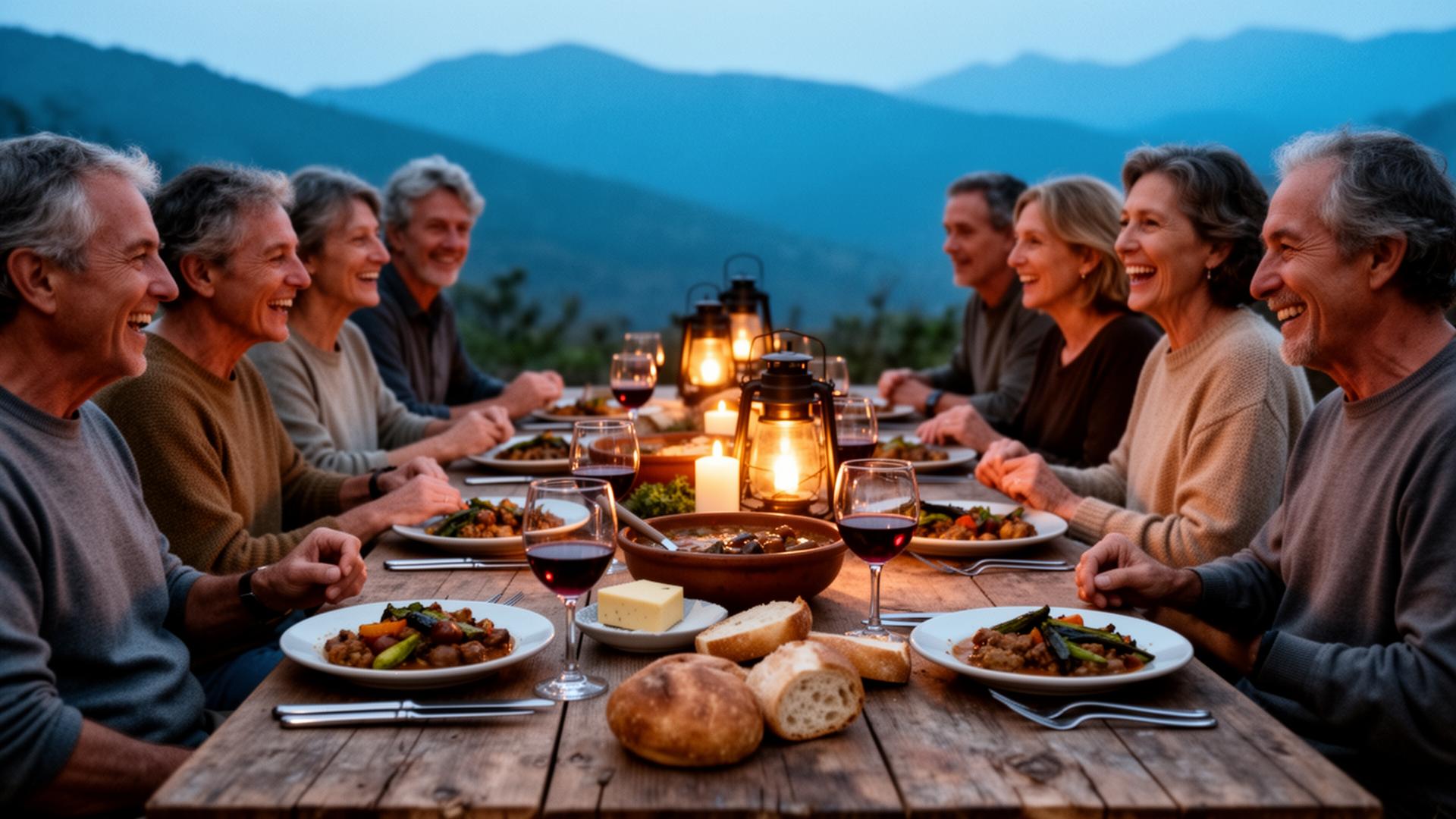 Gemischte Gruppe an einer langen Steintafel im Abendlicht, warme Laterne, Stahlrahmen-Räder im Hintergrund