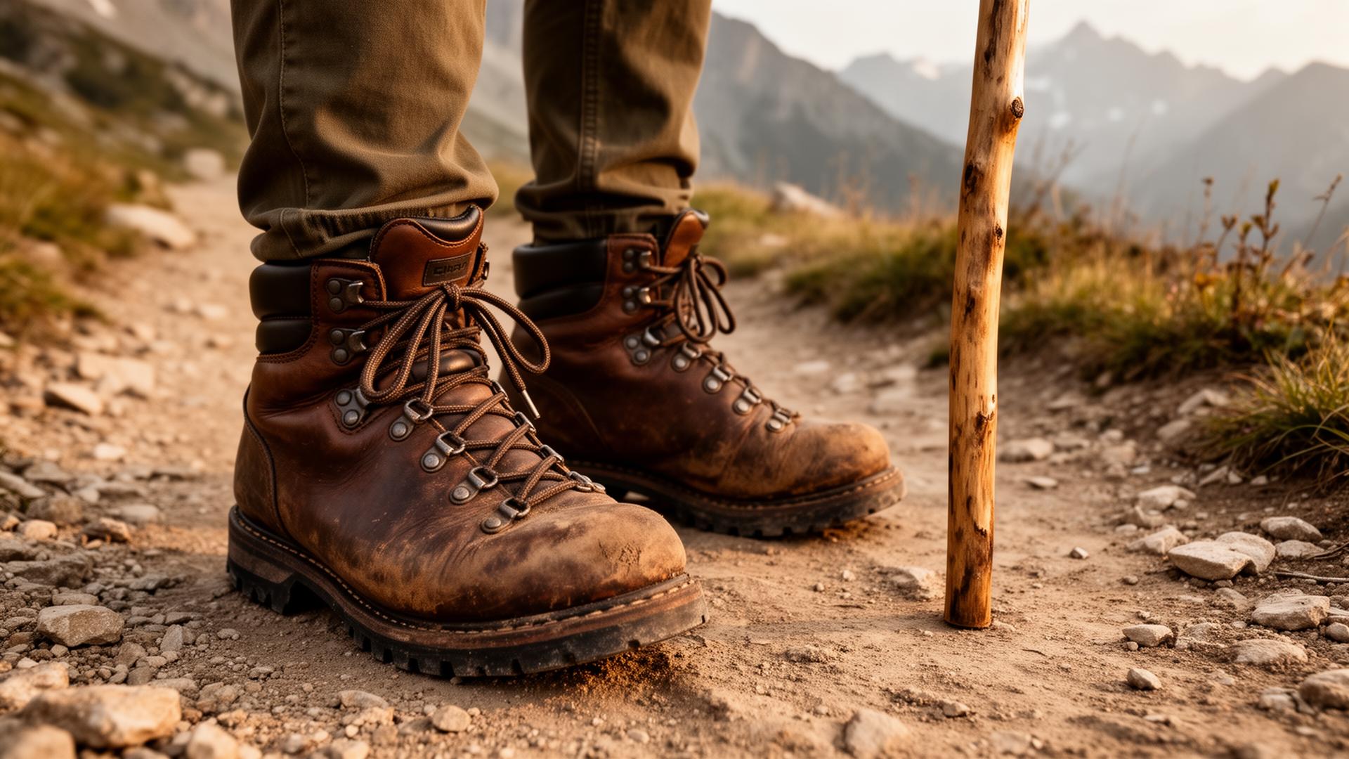 Detail: abgenutzte Lederwanderschuhe und ein hölzerner Wanderstock auf einem staubigen Bergpfad