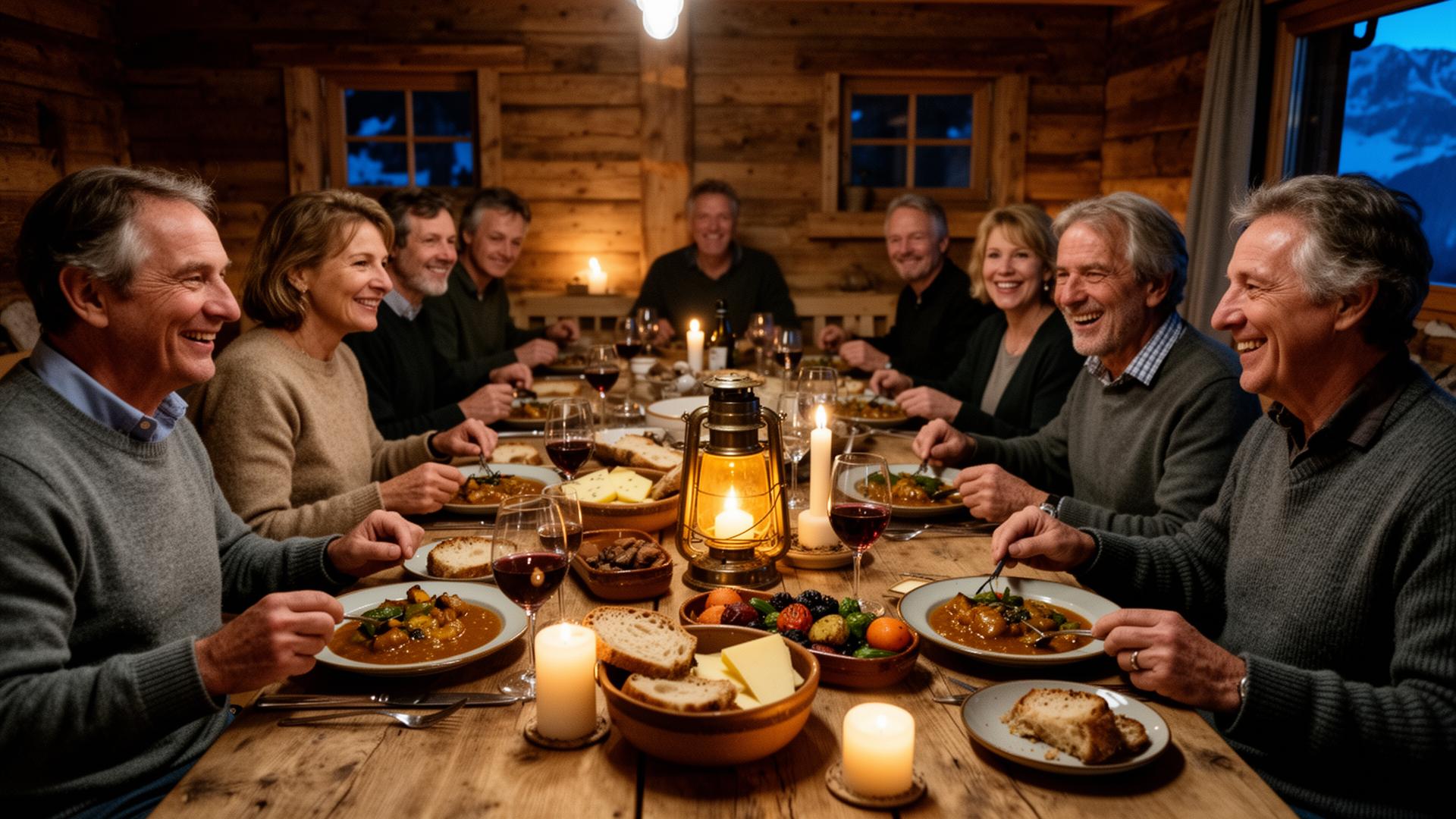 Gemischte Gruppe an einer langen Holztafel vor einer Berghütte in der Abenddämmerung, warme Laterne