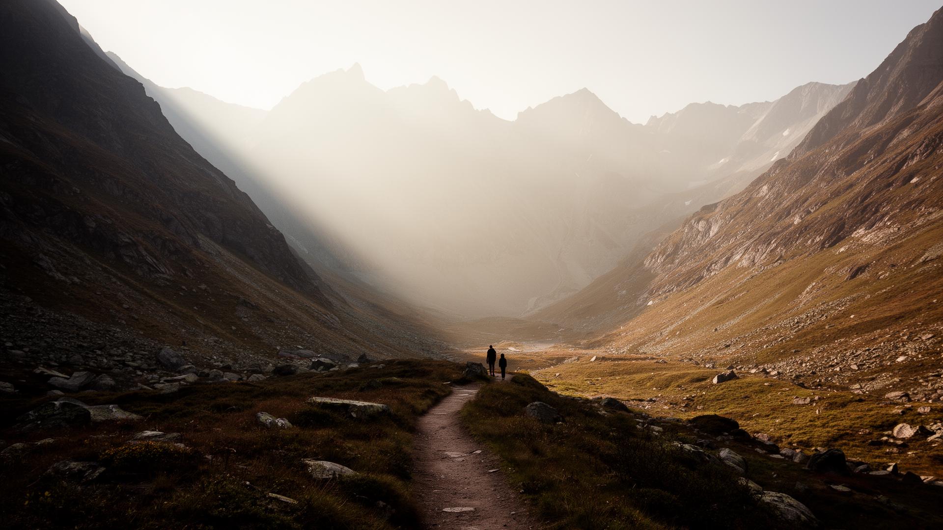 Weiter Bergpfad führt auf neblige Gipfel zu, zwei kleine Wandernde in der Ferne